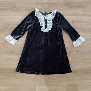 Nueces Spain Elegant Black Velvet Kids Dress with Lace Trim